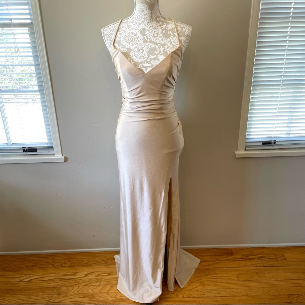 La Femme Cross Back Satin Jersey Trumpet Strappy Back Maxi Dress 4 Nude Beige - Picture 4 of 12